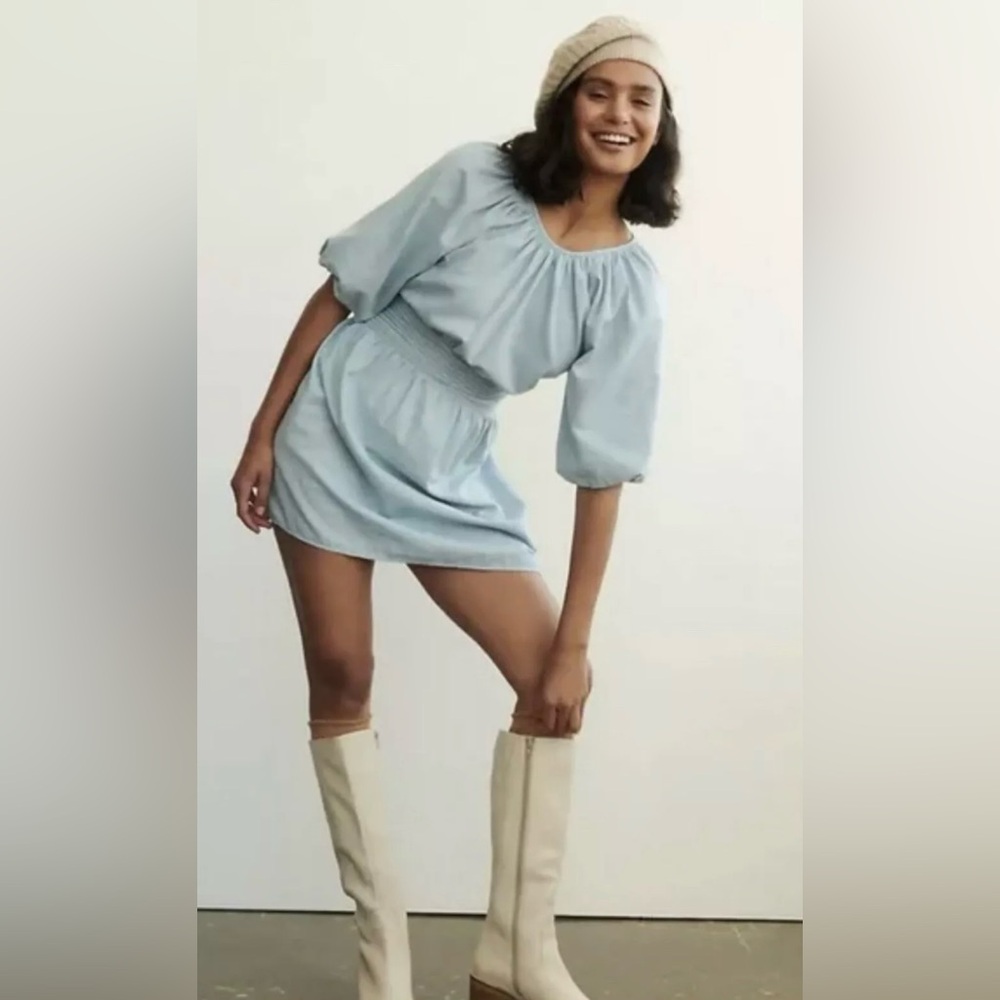 NWT ANTHROPOLOGIE Light Blue Puff Sleeve Dress. Size Small
